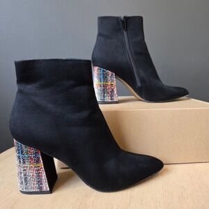 Betsey Johnson KASSIE Black Pointed Toe Ankle Boots‎ Plaid Rhinestone Heel 6M